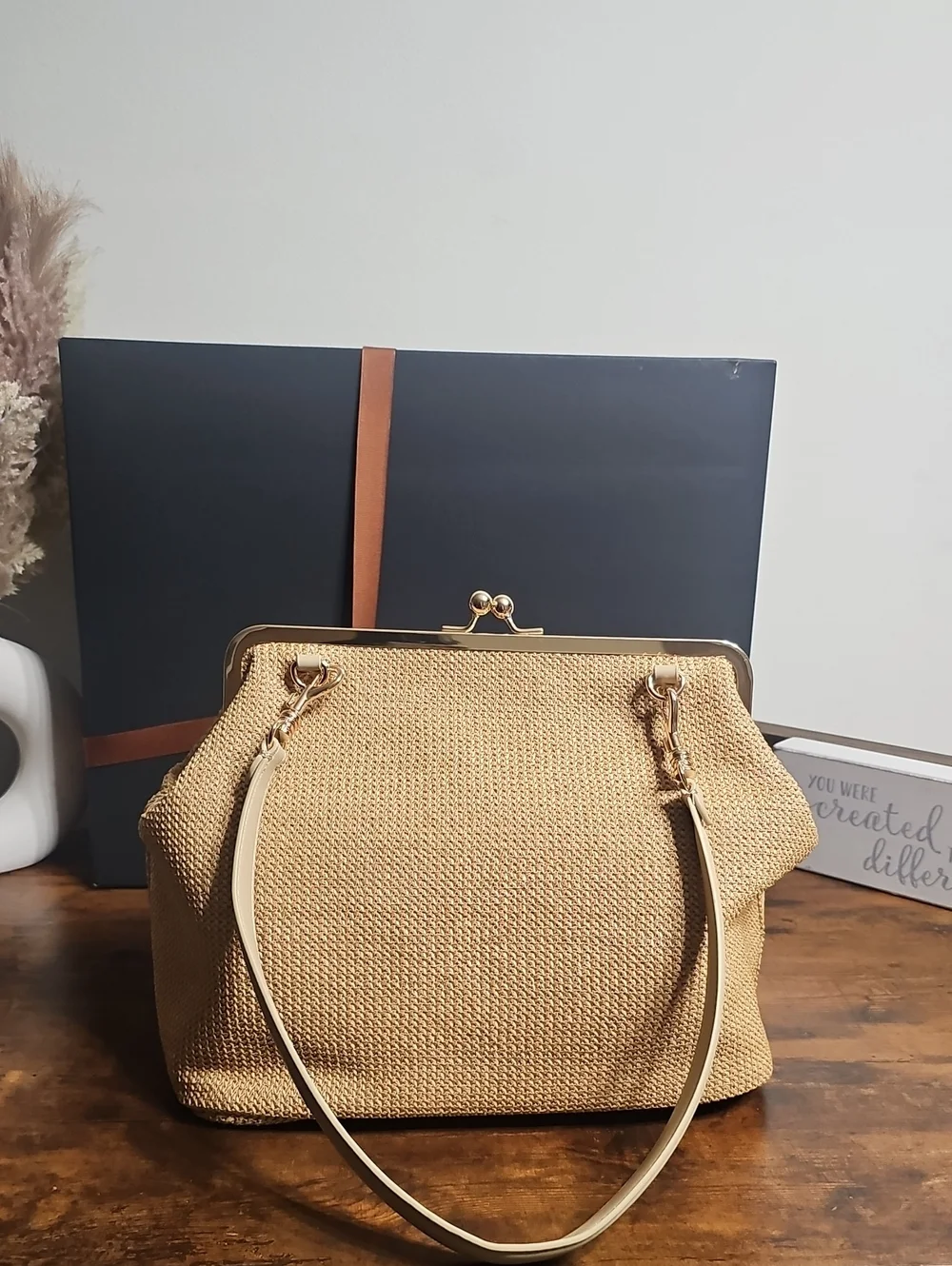 Woven Straw Frame-Top Handbag in Natural Tan